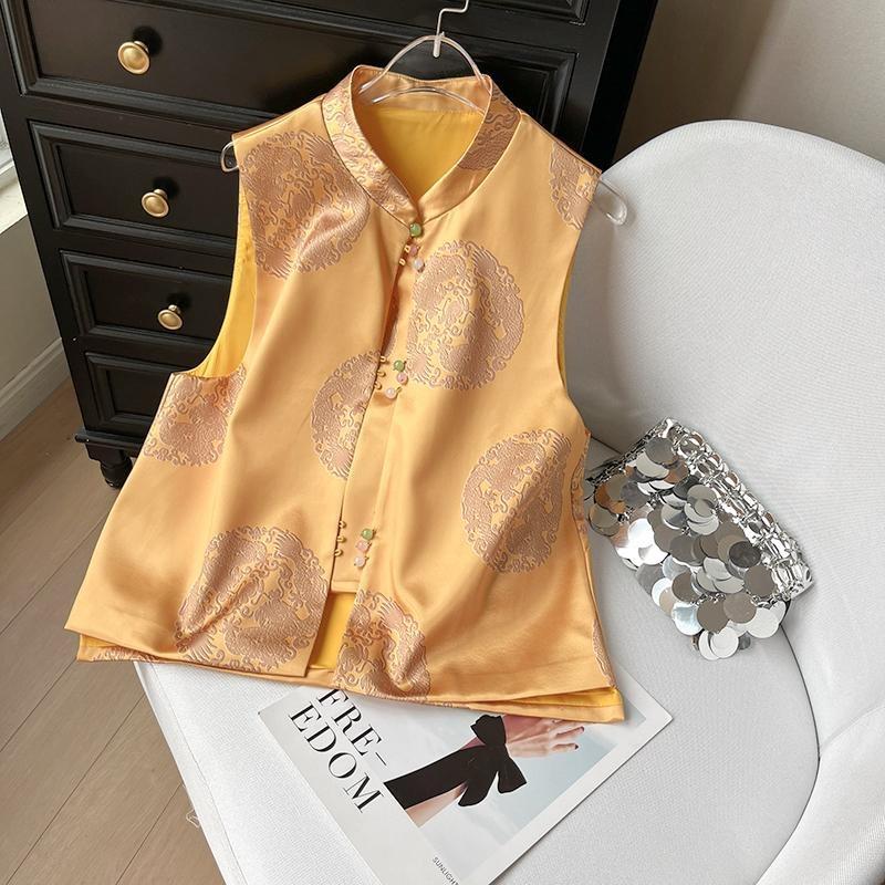 6503 Temperament Versatile Vest Vest Women's Spring Summer Disc Buckle Stand-up Collar Jacquard Versatile Vest Vest Vest
