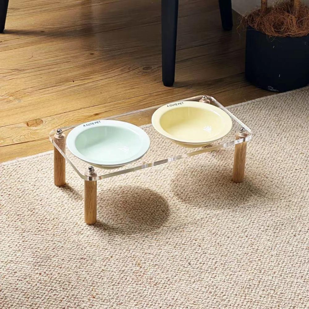 Single/Double Bowl Cat Bowl with Acrylic Stand Protect Cervical Spine Anti-Spill Ceramic Pet Food Basin Increased Height