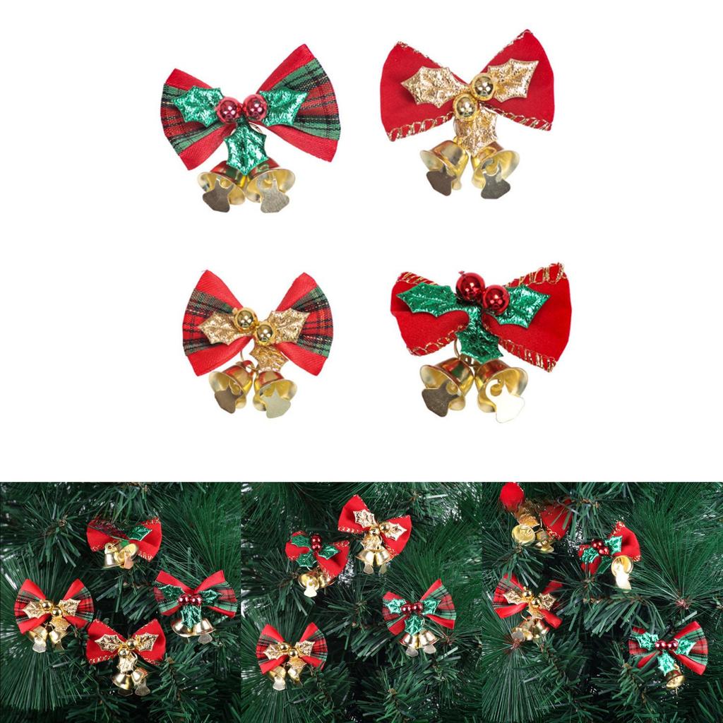 Mini Christmas Bow Bells Set Of Four Festive Holiday Decorations In Elegant Fabric