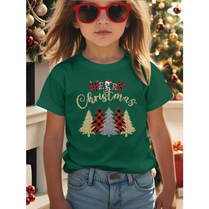 Sommer Rundhals Kurzarm T-Shirt für Mädchen Modisch Sorgfältig Weihnachts-Stil Bedruckt Lockeres Oberteil