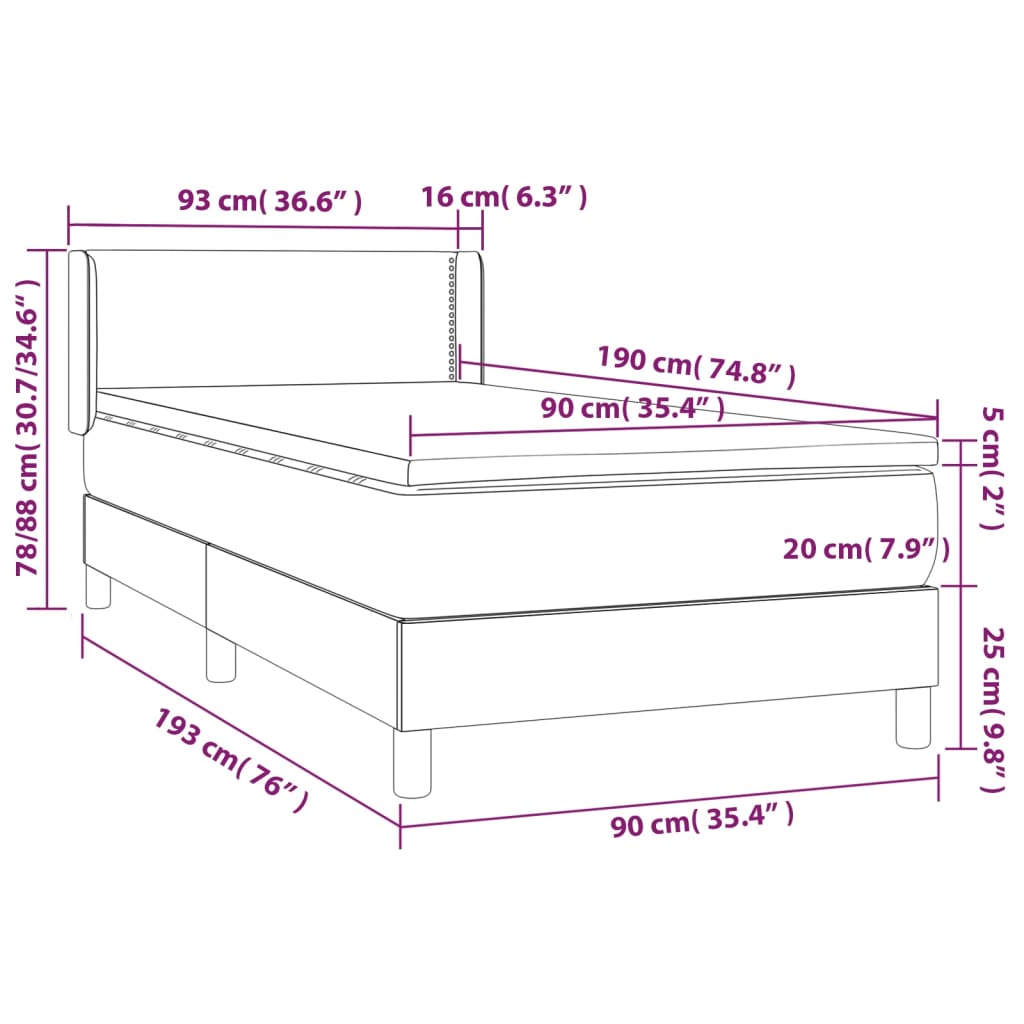 Vidaxl Continental Bed with Mattress, Dark Grey Fabric 90X190 Cm