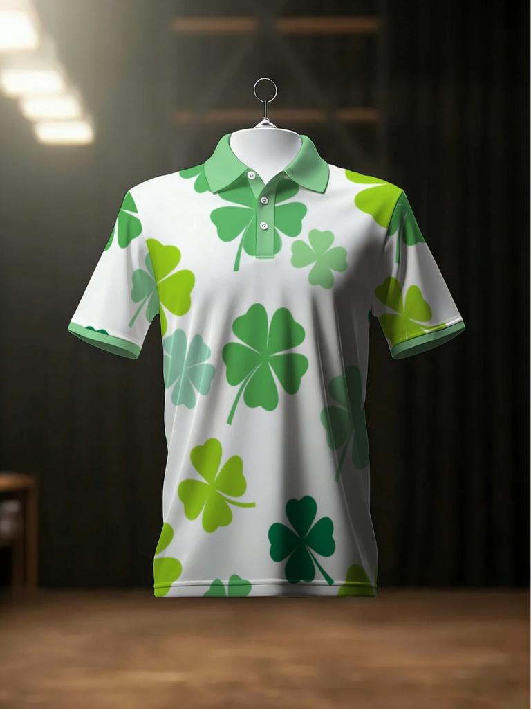 [Printed Design, No Texture]Men'S Lightweight Shirt with Green Clover Print, Casual Wear Suitable for Dining Out Or Home Use, Breathable And Durable