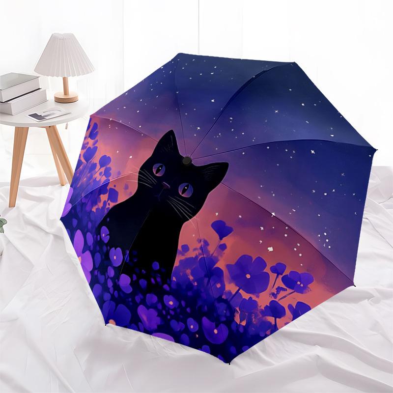 1pc Artistic Black Cat Automatic Open 8-Rib Windproof Umbrella, Travel & Commuting, Suitable for All Seasons