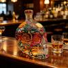 Gothic Skull Decanter, Hand Painted Glass Liquor Bottle with Floral Design, 3D Carved Wine Dispenser for Home Bar, Halloween Decor