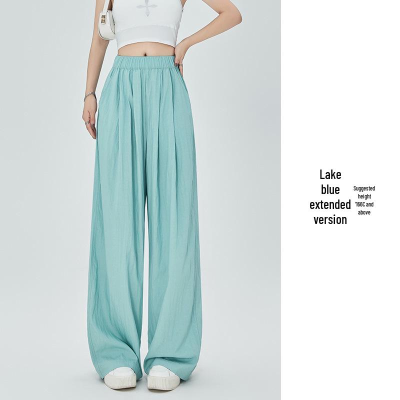 Women's Summer Blue Wide-Leg Ice Silk Pants - Casual Pleated Zen Style