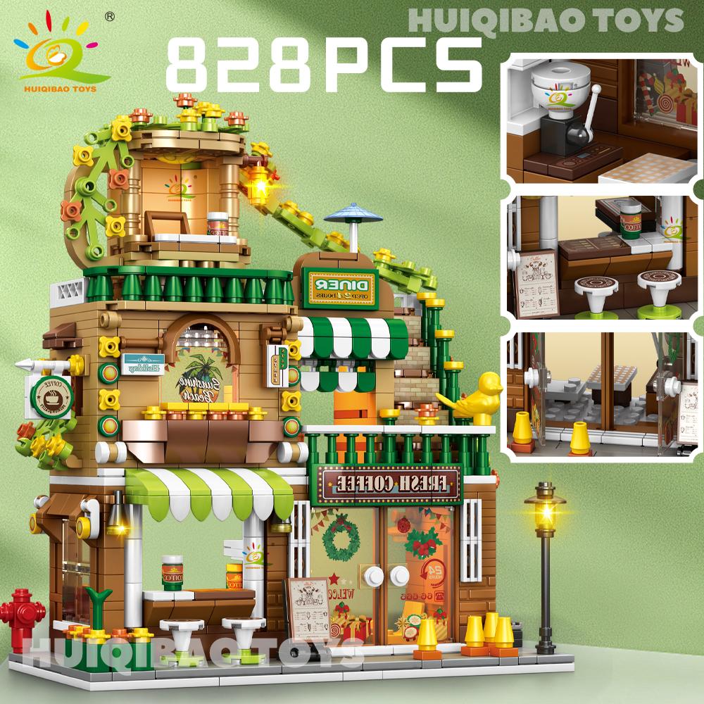 City Street View Coffee Burger Shop Hotel Model Building Blocks DIY Architecture Commercial Street Bricks Toys Adult