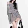 Gothic Streetwear Gray Oversized Sweater Women Harajuku Vintage Knitted Jumper Hollow Out Long Sleeve Tops Y2K Clothes