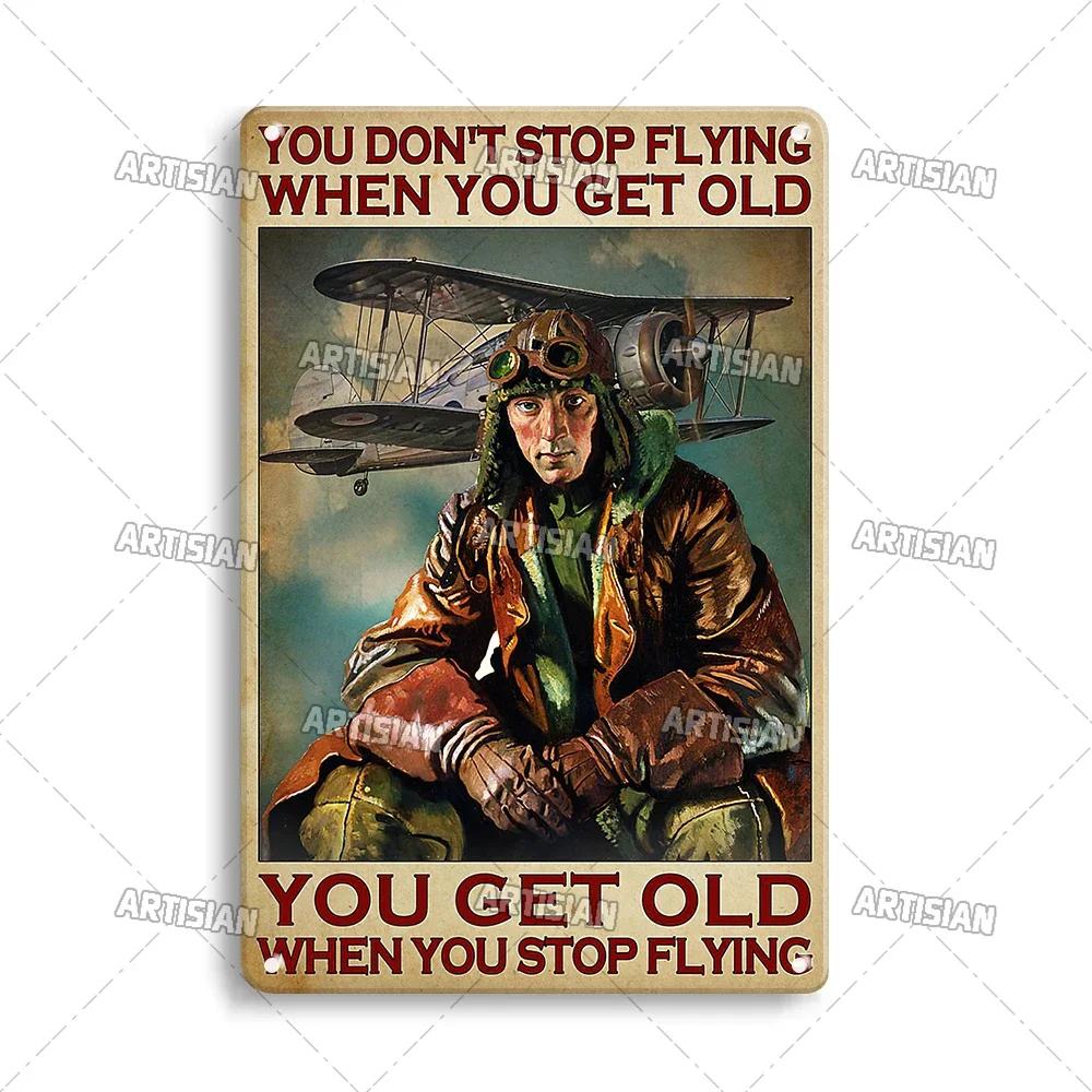 Artificial Male Pilot and Airplane Decorative Plate Vintage Metal Poster Man Cave Home Wall Decor Sign