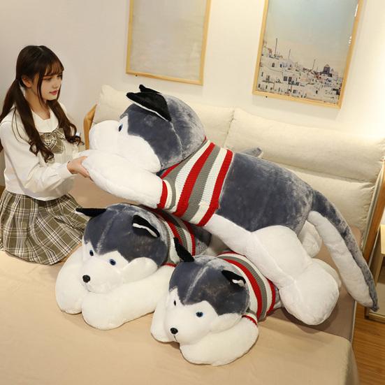 Husky Doll Plush Pillow with Removable Sweater Soft Stuffed Animal for Bed Couch Office Travel Stress Relief Companion Cute Dog Toy Gift