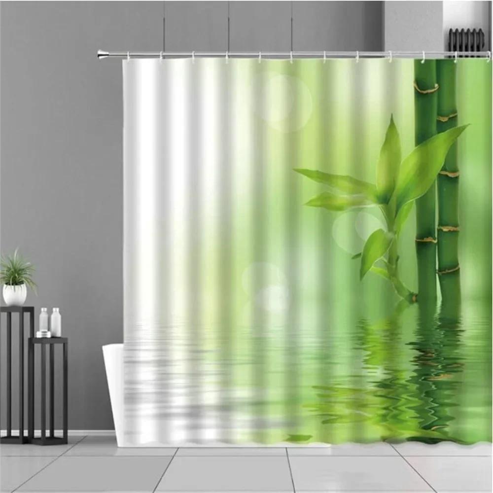 Zen Green Bamboo Shower Curtains Stone Buddha Lotus Candle Asian Japanese Spa Garden Scenery Bath Curtain Fabric Bathroom Decor