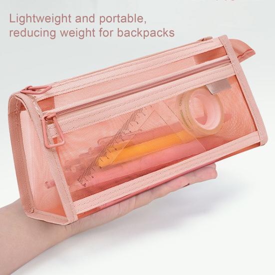 Mesh Pencil Case with Zipper Clear Double-layer Pencil Pouch Multifunctional Stationery Storage Bag
