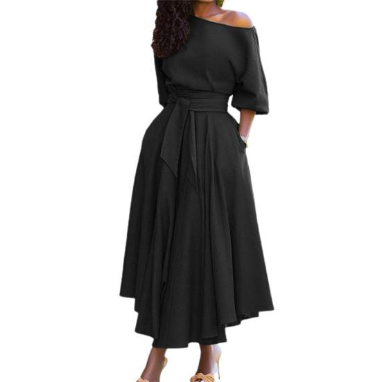 Dress Oblique Shoulder Comfortable Lace-up Solid Color Tie Waist Belt Dress for Work