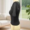 Women Tops Slim Fit Square Neck Rib Knitted Shirt Pure Color Short Sleeve Lace Splicing Stretchy Tops with Buttons Detail Daily