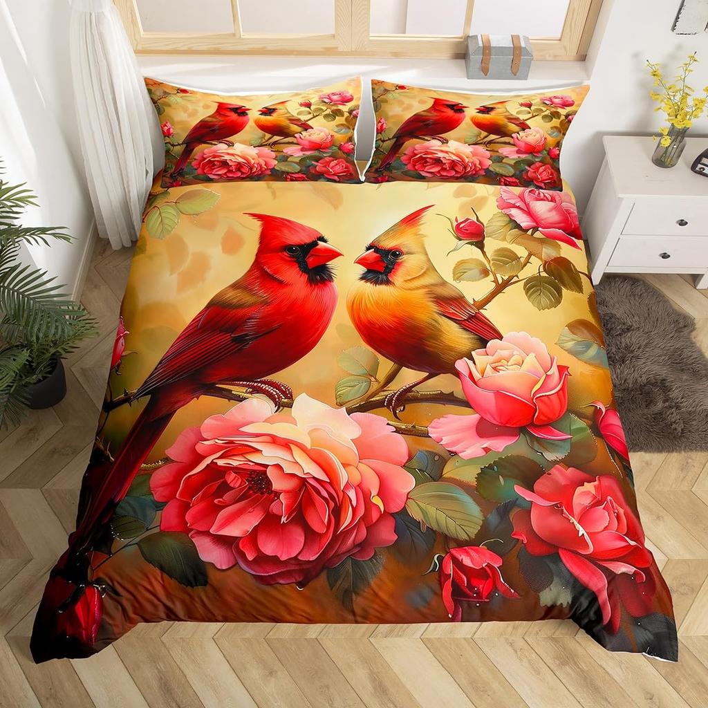 Red Cardinal Duvet Cover Set For Kids Teens Queen King Lightweight Quilt Cover Animal Pattern Bedding Set Bedroom Decor No Quilt