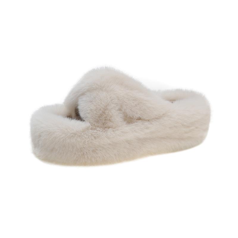 Foreign Trade Large Size Fluffy Slippers Women's 2025 Autumn and Winter New Home Wear Outer Wear Inner Velvet Thick Bottom Cross Fluffy Drag