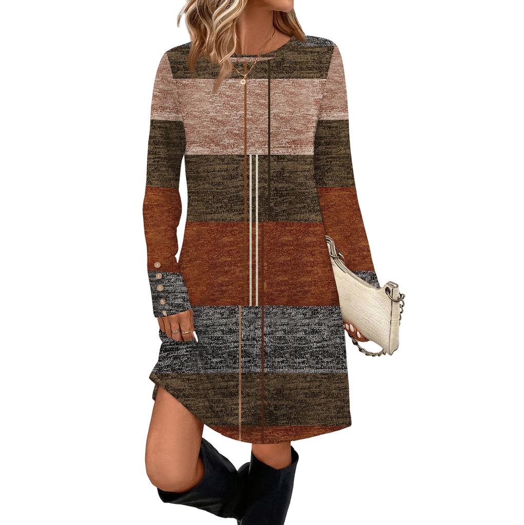 Damenmode Freizeitkleid mit Tasche, dekorativen Knöpfen, Rundhalsausschnitt und langen Ärmeln