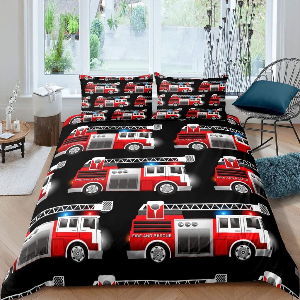 Firefighter Truck Duvet Cover Set Kids Firemen Car Vehicle Bedding Set For Boys Fire Engine Pattern King Size Comforter Cover