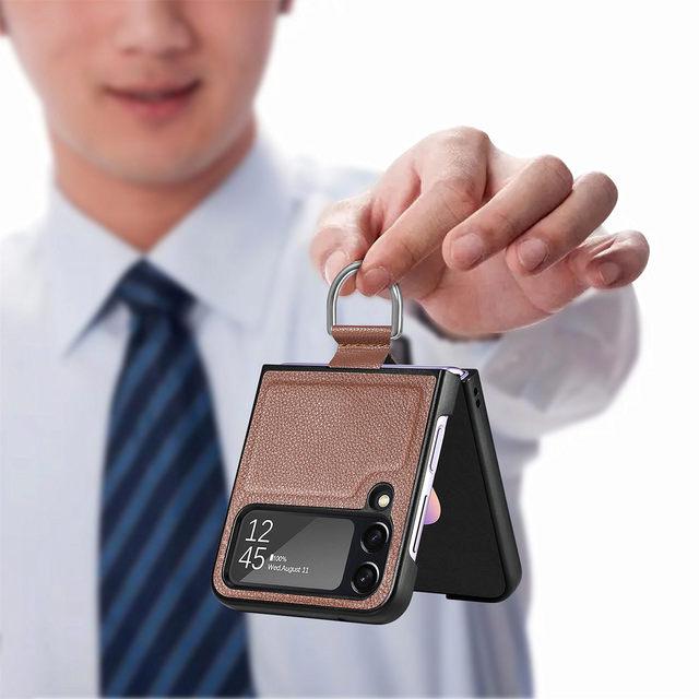 Präzise Aussparungen für die matte Leder-Telefonhülle für Samsung Galaxy Z Flip 4 5g Flip4 Flip3 Flip 3 Fingerring-Handyhülle
