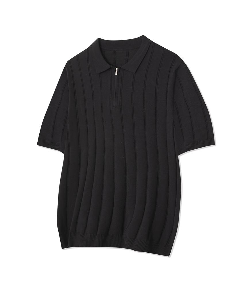 IRONYPORNO WHITELINE 86-Iro356 Micro Cable Half-Zip Collared Short Sleeve Knit Black