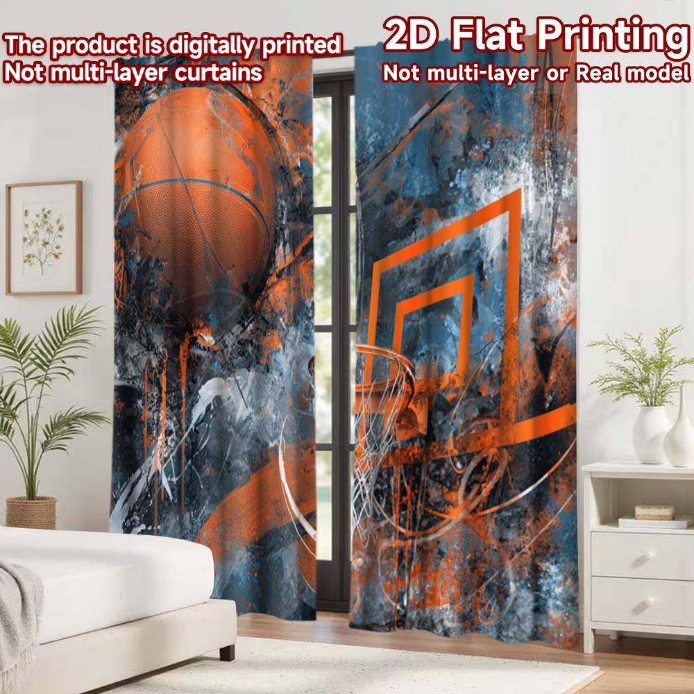 2D flat printing 2pcs Curtain Curtains Basketball Hoop Art Digital Printed Polyester Drapes Festive Holiday Perfect for All