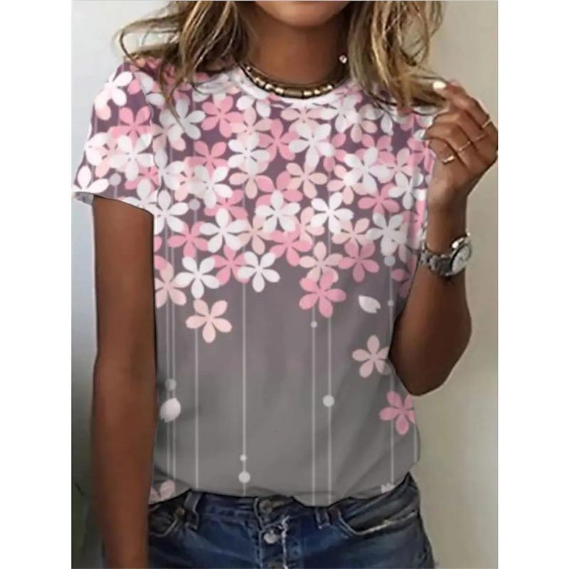 Women's 3D Summer Personalized Fresh Flower Printed Round Neck Flower Painting Short Sleeve T-shirt