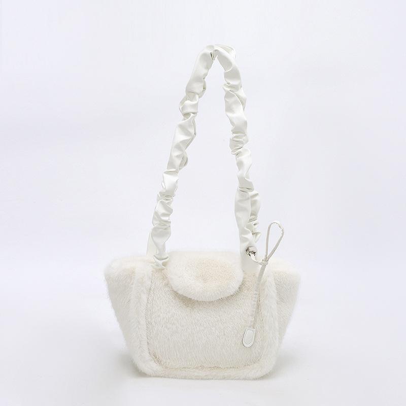 Winter Women Soft Plush Shoulder Bags Solid Color Ladies Drawstring Strap Crossbody Bag Minimalist Girls Bucket Handbag Zipper