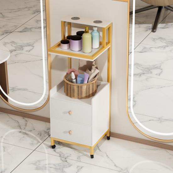 Salon Storage Cabinet Trolley Cart with 4 Wheels 2 Drawers Rolling Dryer Holder Open Shelves Modern White Golden Barber Station Hair Stylist