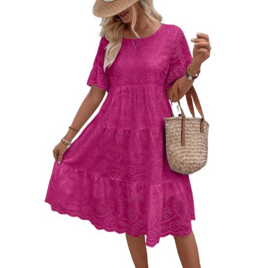 Robe d'été pour femmes, col rond, manches courtes en corne, ligne a plissée, Patchwork, couleur unie, grande balançoire brodée, vacances, plage, robe mi-longue