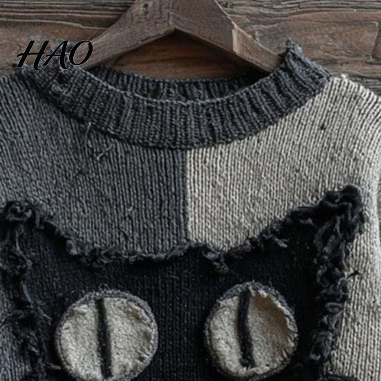 Layering Sweatshirt Halloween Spooky Face Sweater for Women Patchwork Print Knit Spring Autumn Winter Top Long Sleeve Crewneck Stitched Fall Outfit