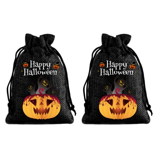 Halloween Party Supplies 2Pcs Pumpkin Drawstring Bags for Candy Treats, Retro Burlap Handmade Style Trick or Treat Bags, Portable Goodie Kids