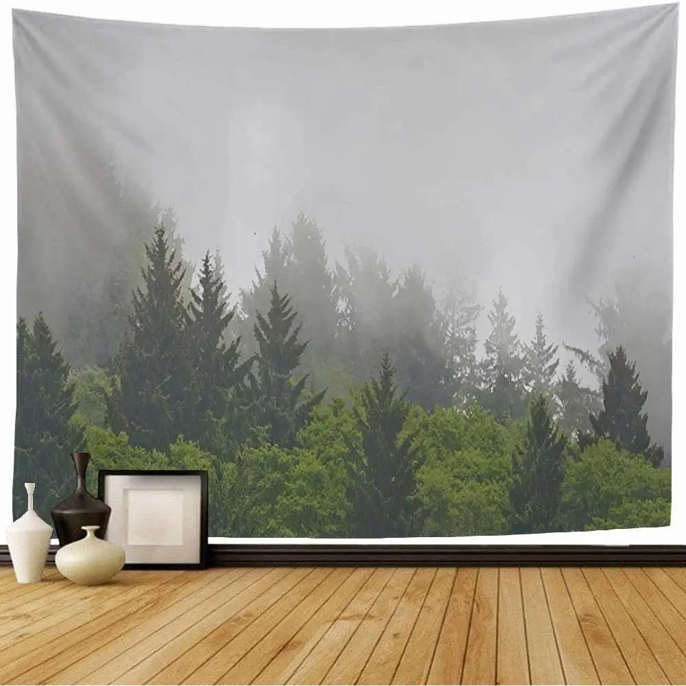 VIKAMA Misty Forest Tapestry Gradient Blue Pine Forest Nordic Minimalist Style Living Room Room Decoration