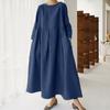 New Women's Plus Size Cotton Linen Dress, Loose Fit Round Neck Long Sleeve Knee-Length Pullover, Japanese Korean Forest Girl Style Casual Summer Dress
