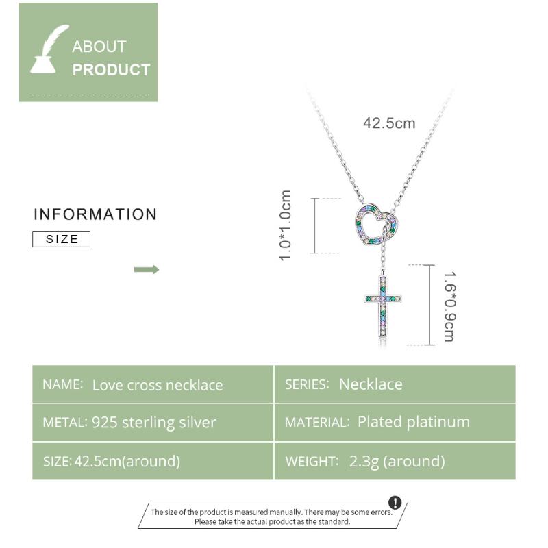 S925 Sterling Silver Love & Cross Pendant Necklace for Women Colored Zirconium Lock Chain Choker Plated Platinum Jewelry