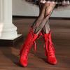 FOREADA Women Ankle Boots Round Toe Witch Boots Thick High Heels Lace-up Short Boots Ladies Fashion Shoes Autumn Winter Red 46