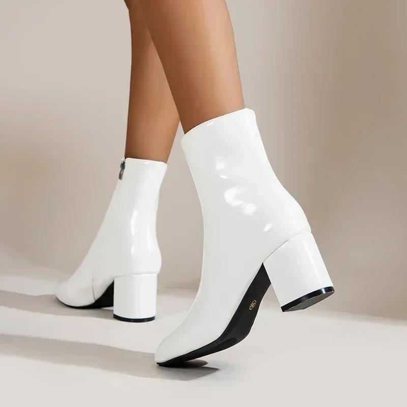 White Ankle Boots for Women Side Zipper Stretch Middle Heel Large Size Short Boot Fashion Pointed Shoes