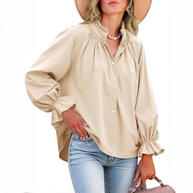 Frühling und Herbst Neu Damen Elegant und Süß Locker Lässig Laternenärmel V-Ausschnitt Rüschenhemd