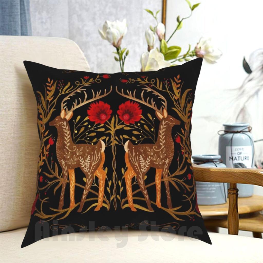 Two Stags Protecting The Dark Forest Gate Pillow Case Printed Home Soft Throw Pillow Deer Forest Roses Folk Scandinavian