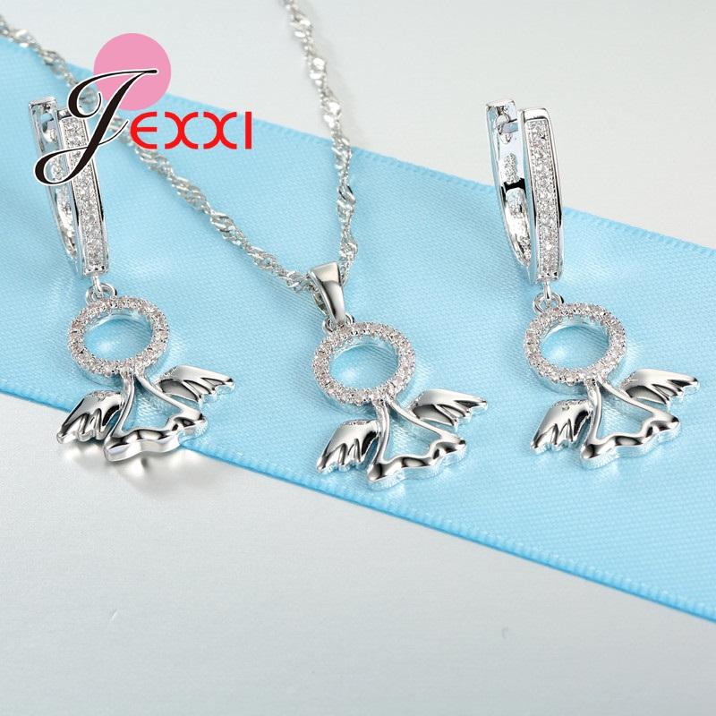 Angel's Wings Design Silver Jewelry Set For Women Lover Round Crystal Earrings And Necklace For Birthday Gift