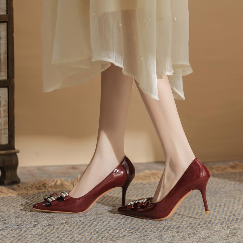 B Temperament Pointed Head Rivet Bow High Heels Women's Thin Heel High-end Versatile Single Shoes Spring and Autumn Women