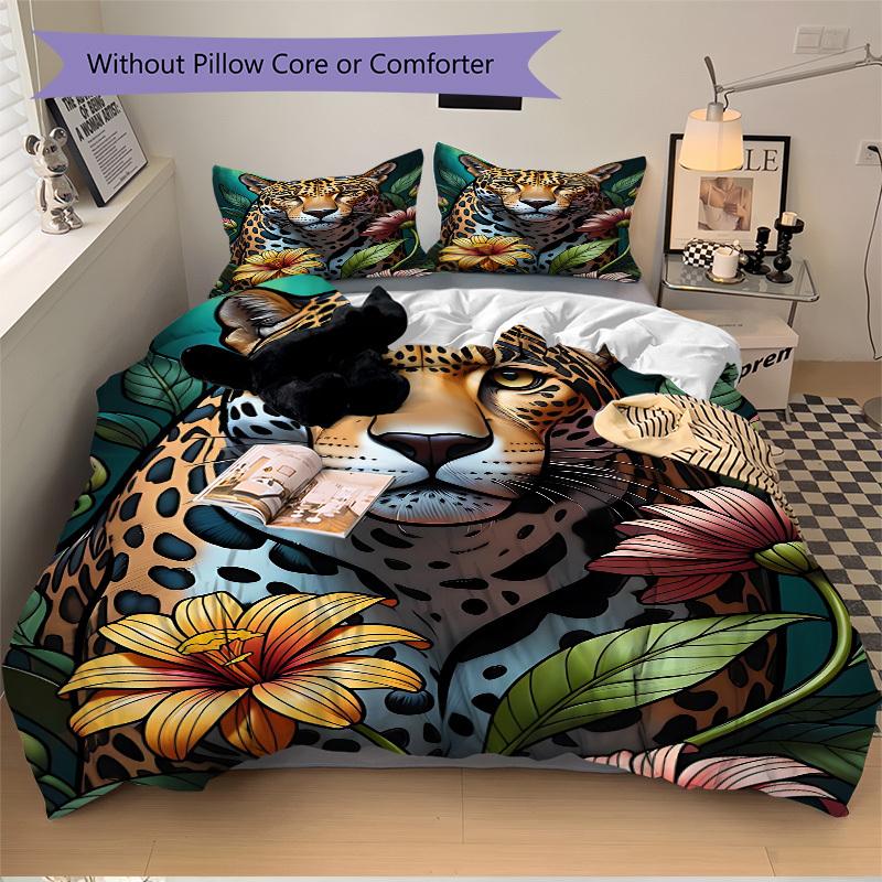 3pcs Leopard Floral Print Duvet Cover Set, 1 Duvet Cover + 2 Pillowcases (No Insert), High-Definition Print, Home & Dorm Yy251123008