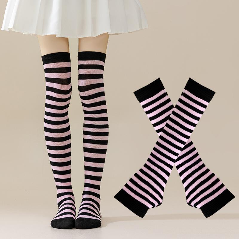 1 Set Women Girls Over Knee Long Stripe Printed Thigh High Cotton Socks Arm Sleeve Gothic Harajuku Gloves Sweet Cute Socks