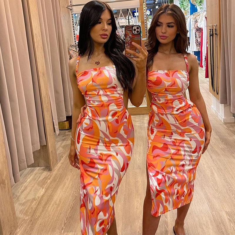 2024 Summer European & American Backless Strap Dress - Women's Printed Slim Fit