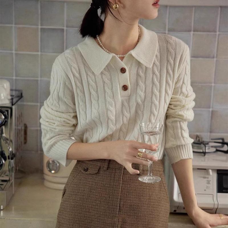 French Retro Wool Cable Knit Lapel Sweater - Women's Autumn Winter Cashmere Polo Collar Top