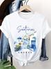 Camiseta con Estampado de Santorini Grecia para Mujer Manga Corta Cuello Casual Top con Cúpula Azul y Vegetación Exuberante Souvenir de Viaje Primavera Verano