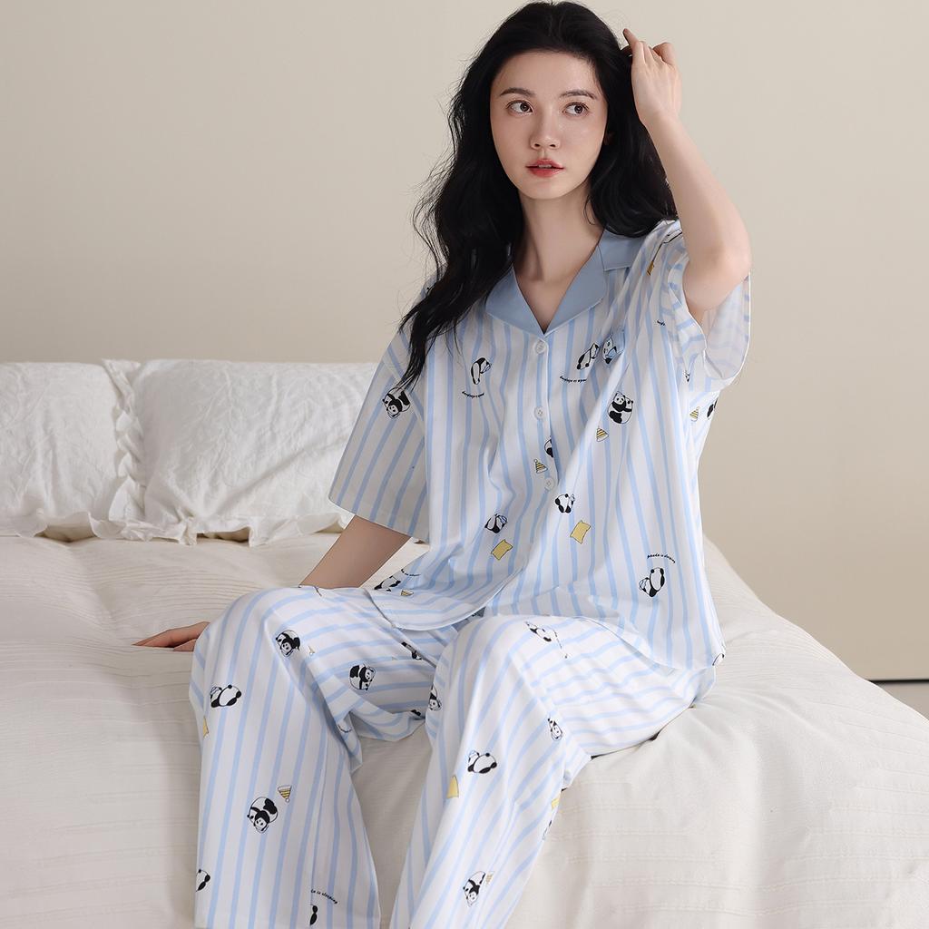 Pure Cotton Pajamas Women's Summer Short-sleeved Trousers Cartoon Panda Striped Suit Can Be Worn Outside Cotton Loungewear In Summer