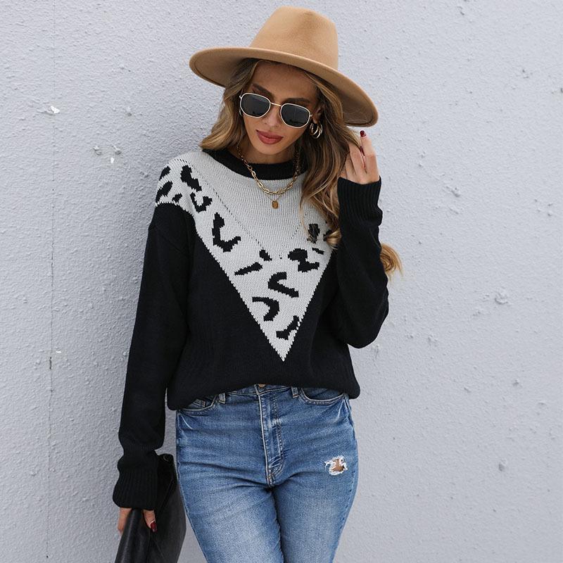 Vintage Fashion Elegant Casual Autumn and Winter Women's Leopard Print Color Collision Long-sleeved Lazy Wind Sweater