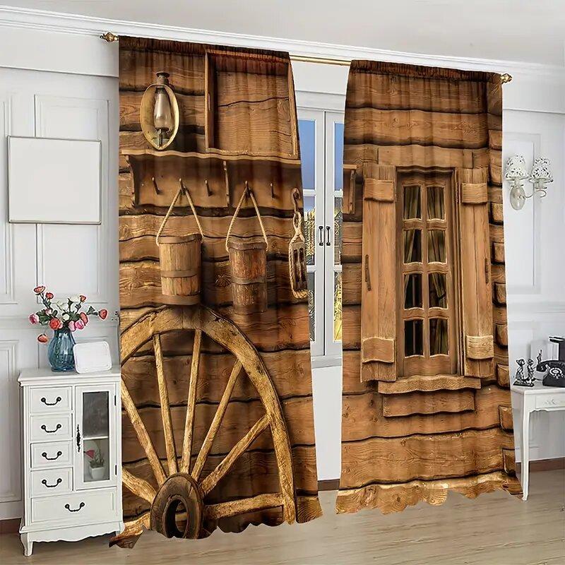 2 buc - Perdele cu imprimeu model ușă de hambar casă retro din lemn, decorațiuni pentru fereastră, decorațiuni pentru casă, decorațiuni pentru cameră