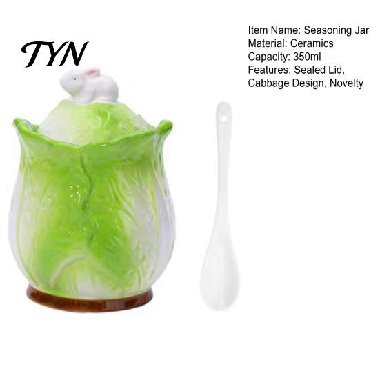 Home Kitchen Countertop Decor Ceramic Cabbage Shaped Lard Jar with Lid Spoon, 350ml Sealed Artistic Condiment Seasoning Container, Multi Purpose