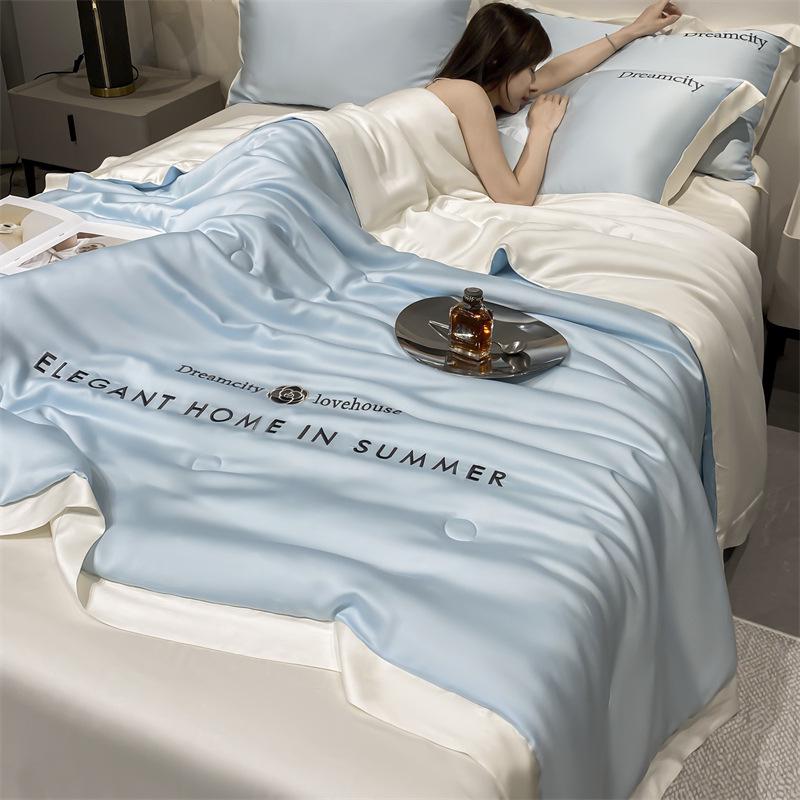 Class A Ice Silk Water Washable Summer Quilt Set - Naked Sleep Embroidery, Thin Blanket, Air Conditioning Quilt, Four-Piece Gift.