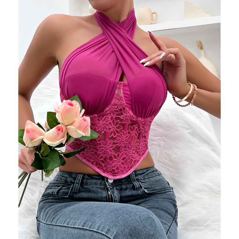 Specialty Lace Mesh Yarn Cross Neck Top Rhombus Fishbone Small Vest